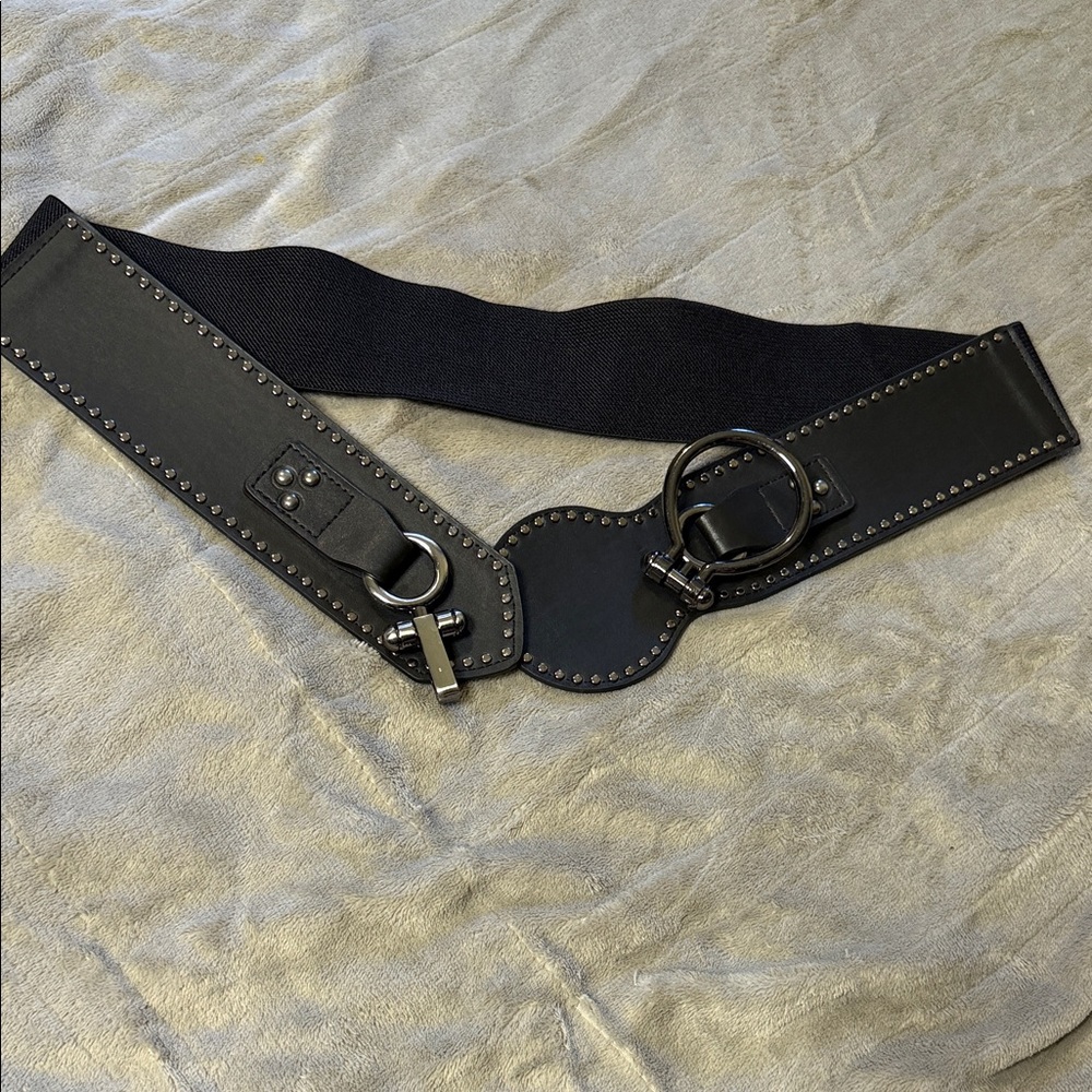 Black Studded Elastic Waist Belt with Metal Ring Closure
